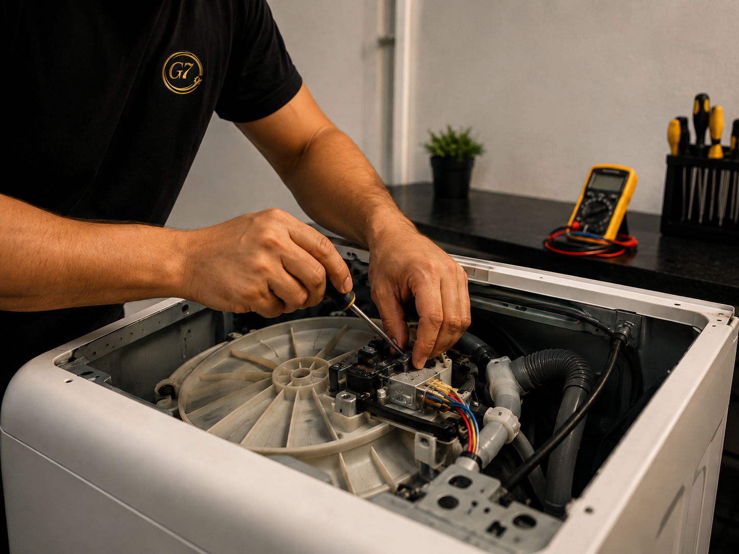 Técnico realizando manutenção em eletrodoméstico
